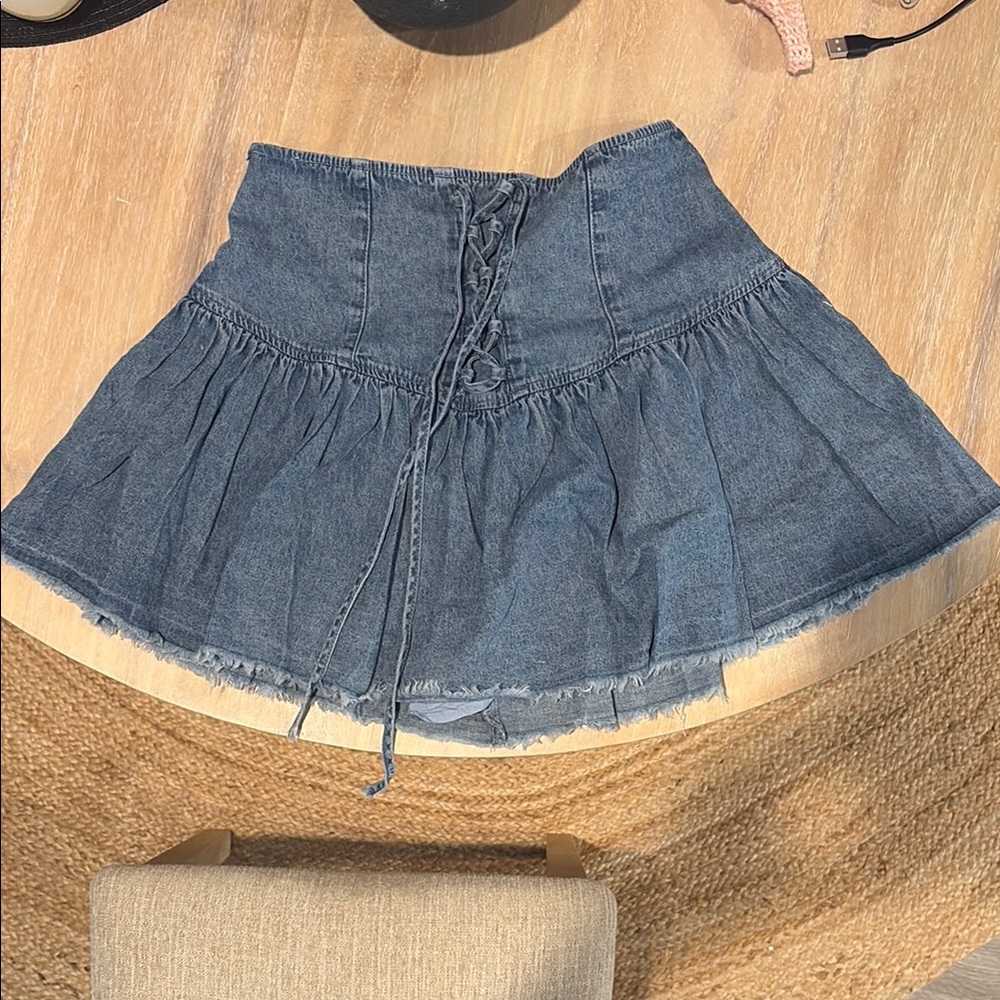 Blue Mini Skater Skirt with Tie Front